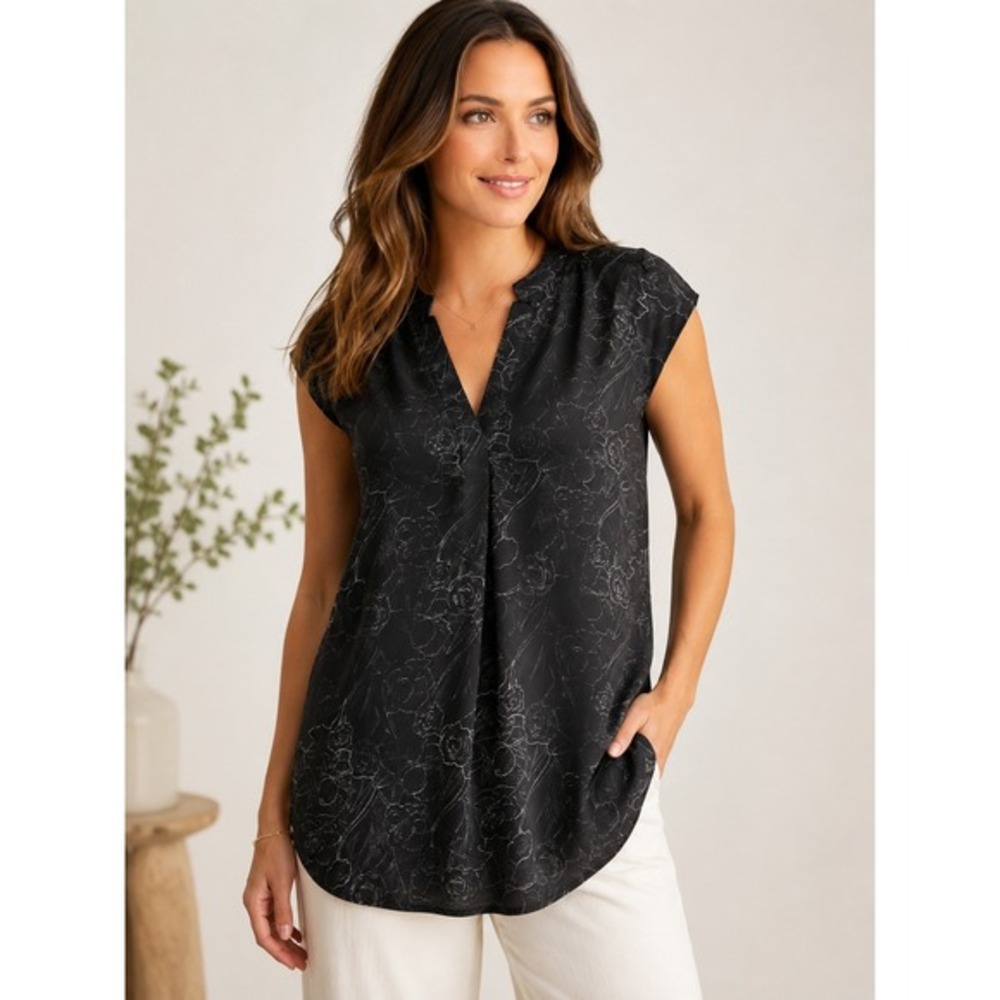 Billy Reid Black Silk Floral Split Neck‎ Tunic Top Made Italy Womens S